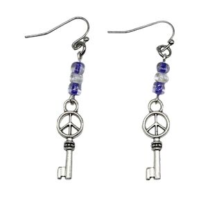 COPY - Fun Hippy Boho Silver Peace Sign Key Dangle Clear Purple Glass Bead Earr…